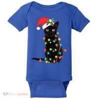 Santa Black Cat Tangled Up In Christmas Tree Lights Holiday Gift Baby Bodysuit thumb 0