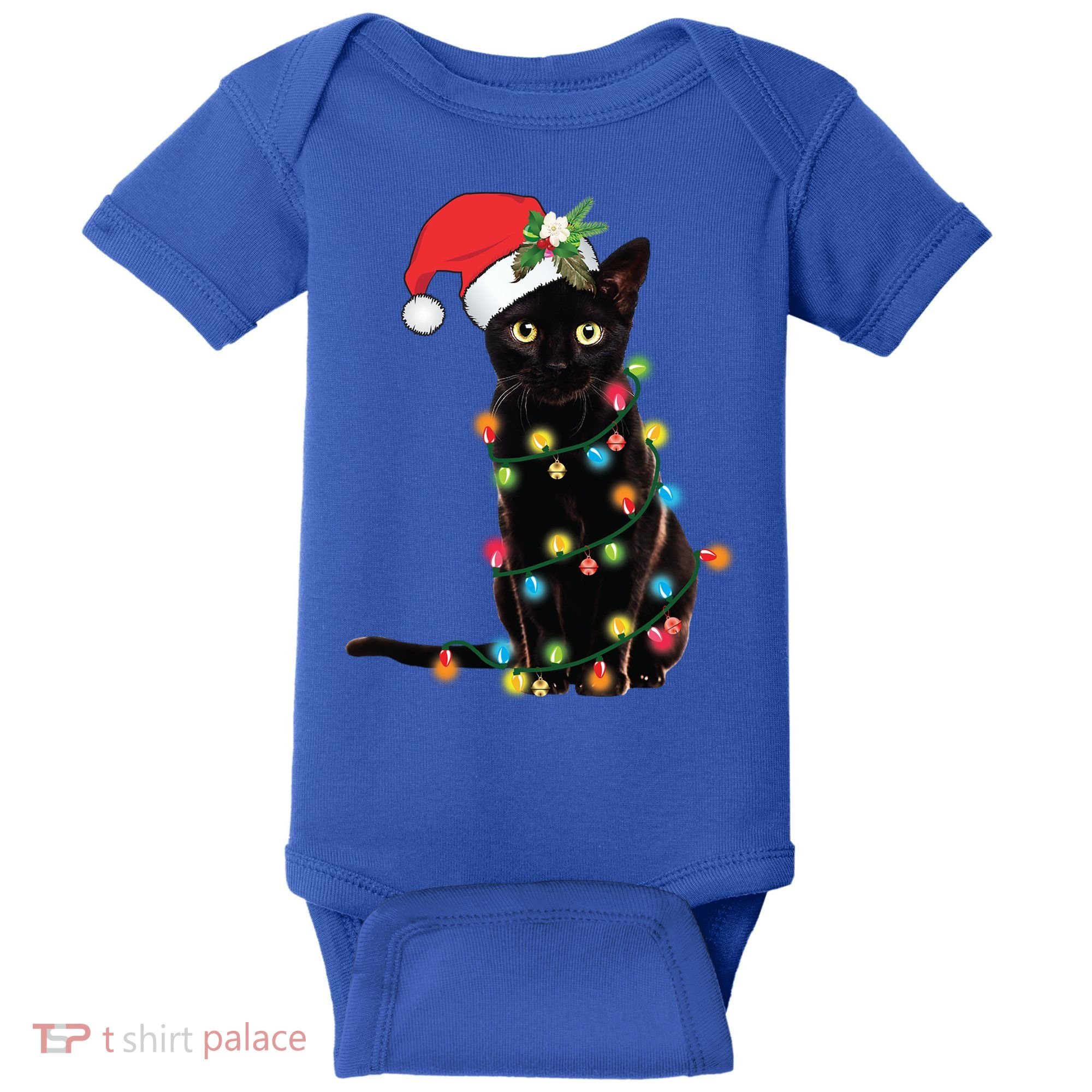 Santa Black Cat Tangled Up In Christmas Tree Lights Holiday Gift Baby Bodysuit