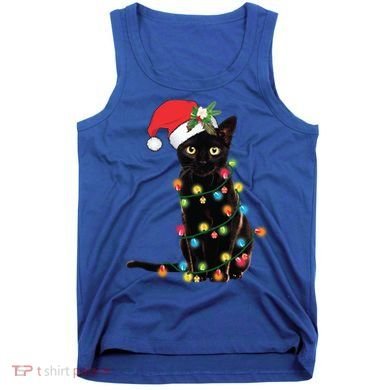 Santa Black Cat Tangled Up In Christmas Tree Lights Holiday Gift Tank Top