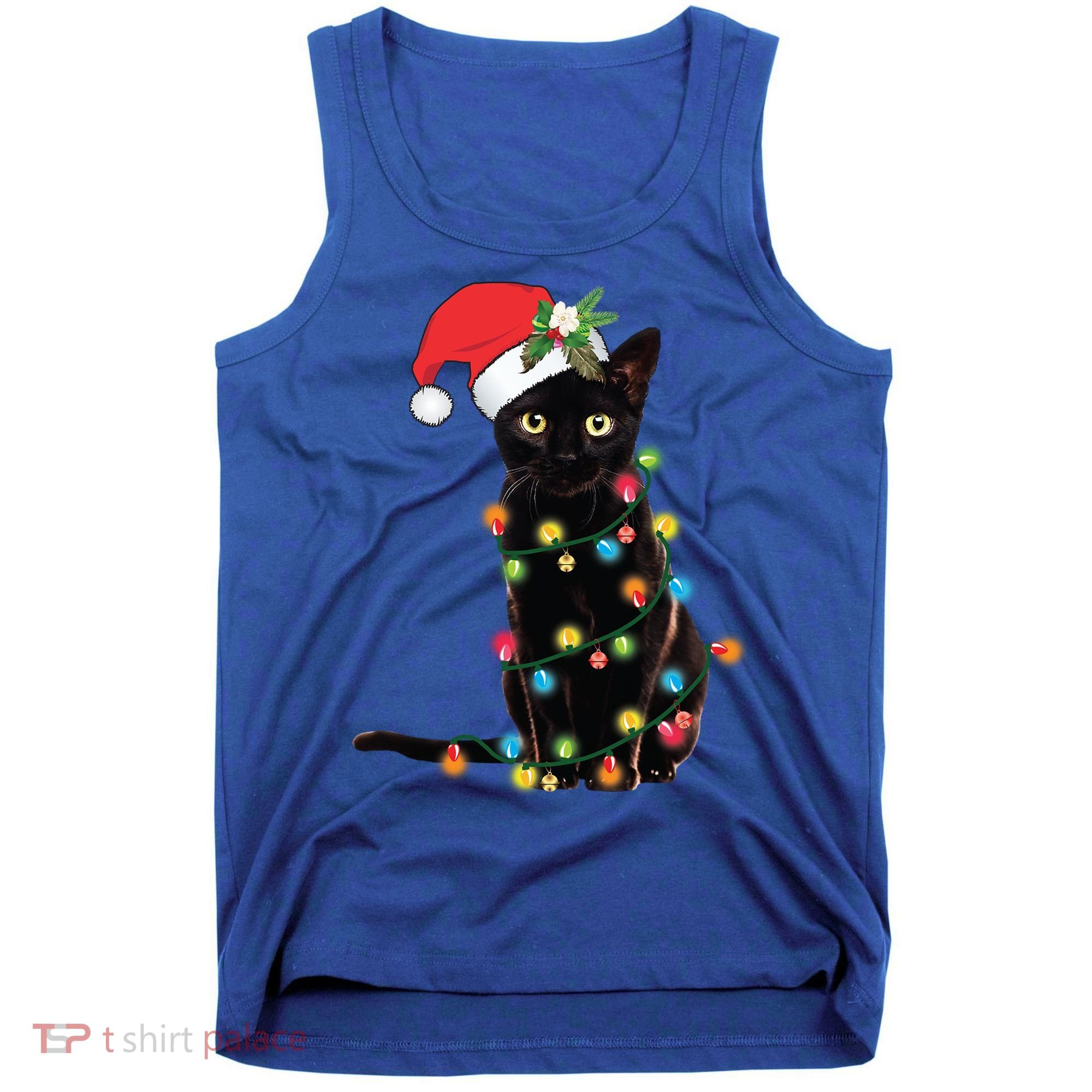 Santa Black Cat Tangled Up In Christmas Tree Lights Holiday Gift Tank Top
