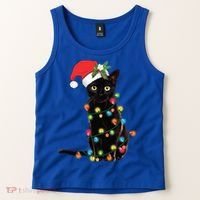 Santa Black Cat Tangled Up In Christmas Tree Lights Holiday Gift Tank Top thumb 2