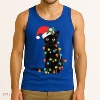 Santa Black Cat Tangled Up In Christmas Tree Lights Holiday Gift Tank Top thumb 3