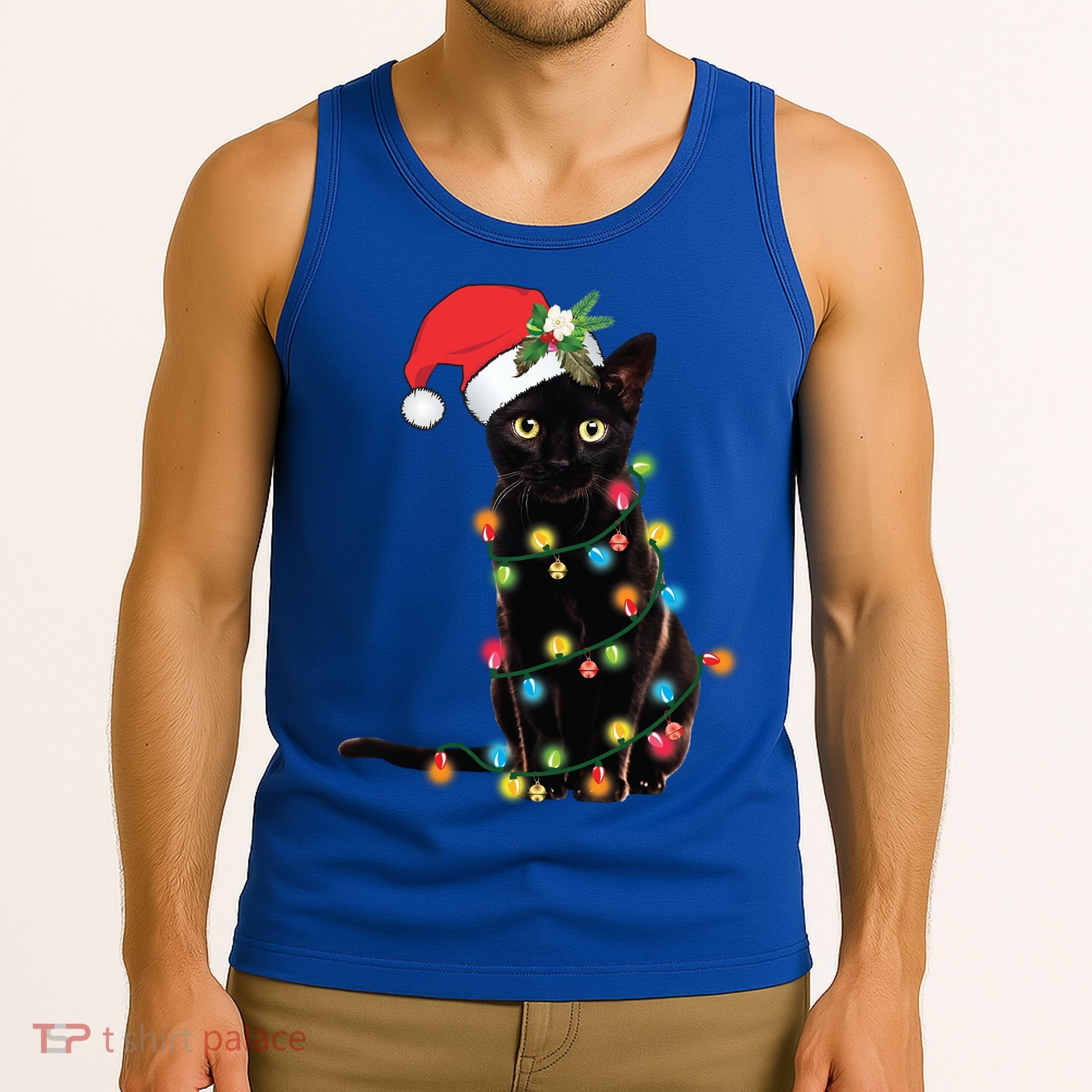 Santa Black Cat Tangled Up In Christmas Tree Lights Holiday Gift Tank Top