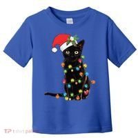 Santa Black Cat Tangled Up In Christmas Tree Lights Holiday Gift Toddler T-Shirt thumb 0