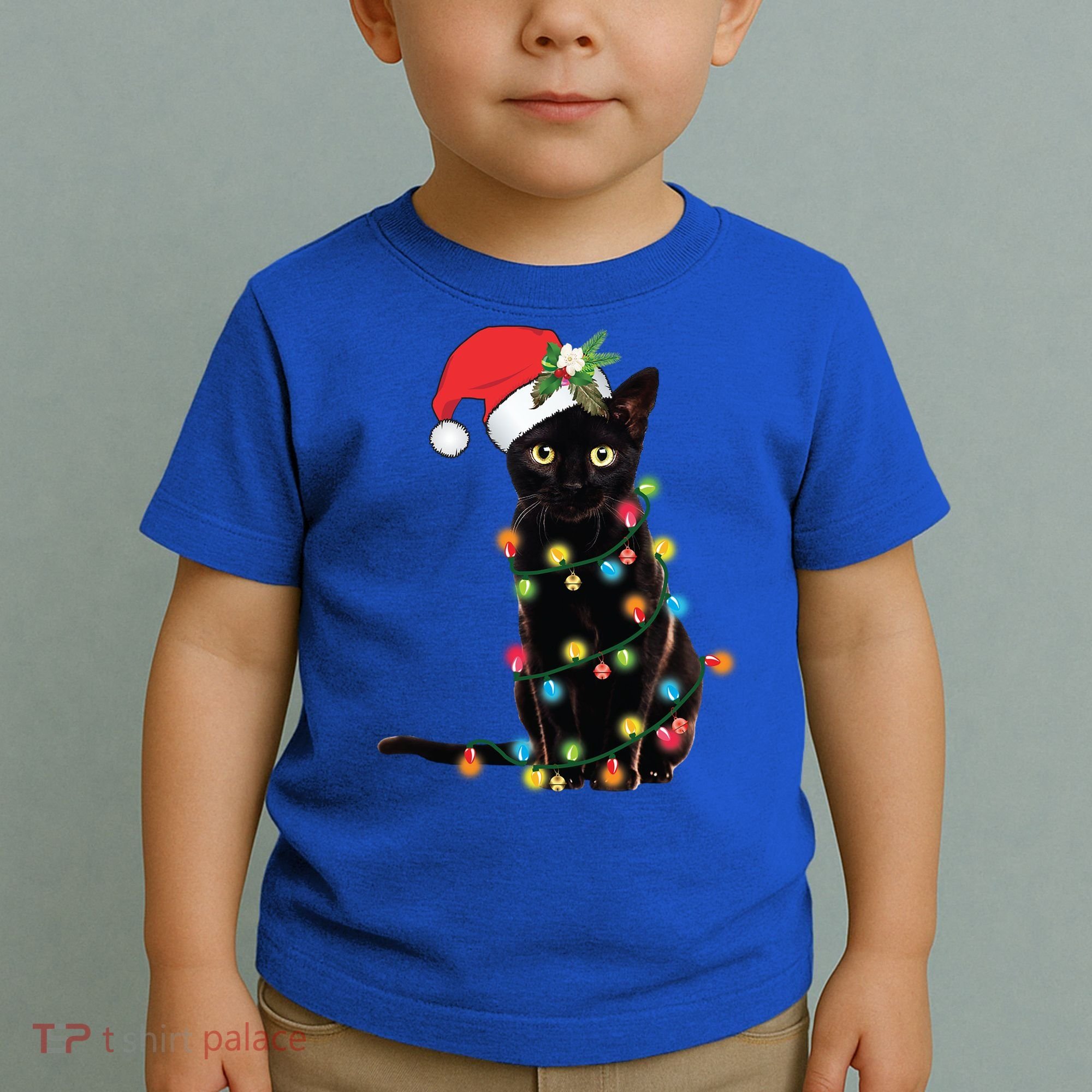 Santa Black Cat Tangled Up In Christmas Tree Lights Holiday Gift Toddler T-Shirt