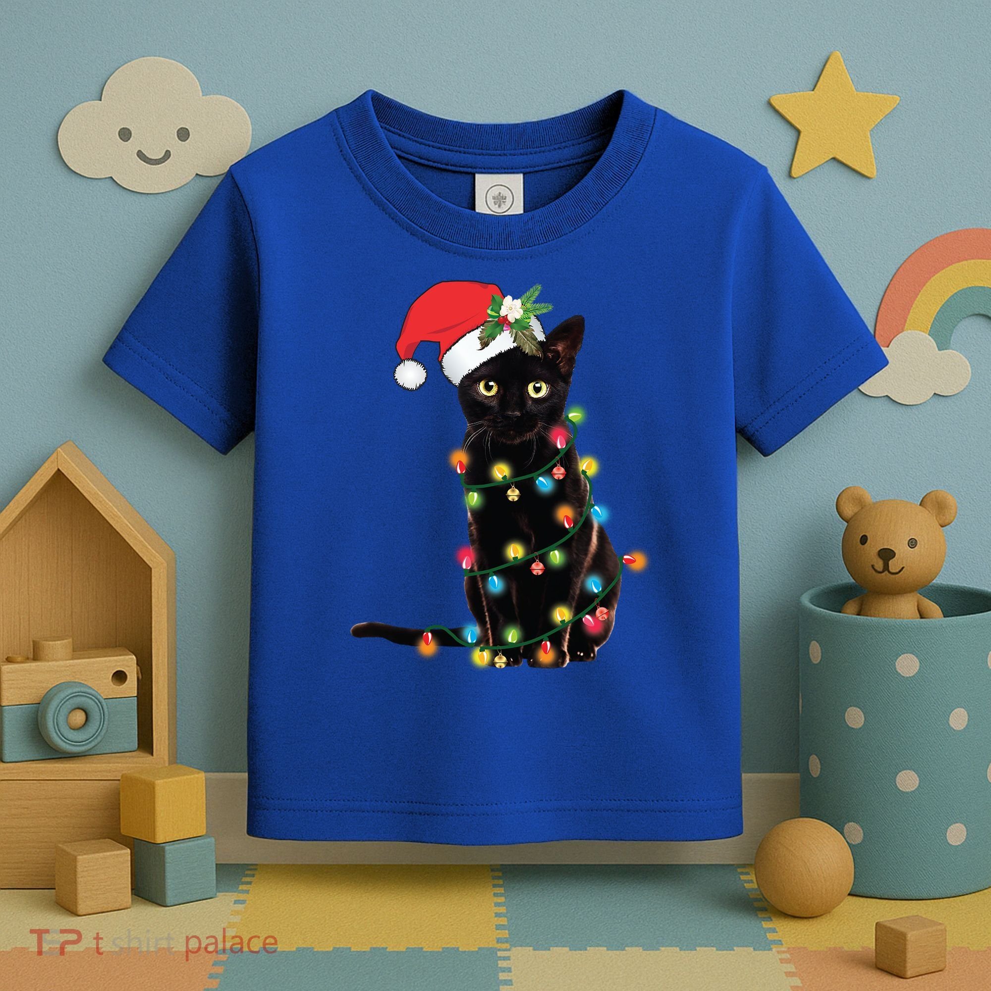 Santa Black Cat Tangled Up In Christmas Tree Lights Holiday Gift Toddler T-Shirt