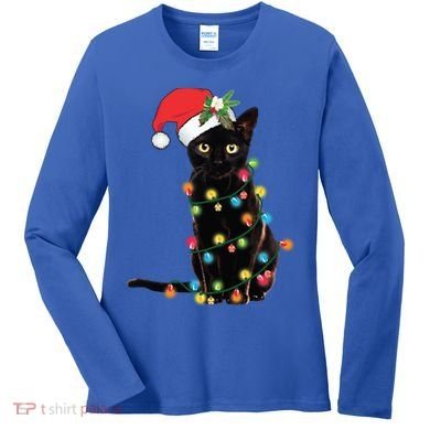 Santa Black Cat Tangled Up In Christmas Tree Lights Holiday Gift Women's Long Sleeve Shirt