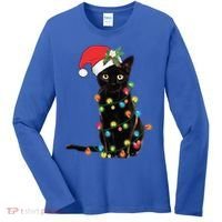 Santa Black Cat Tangled Up In Christmas Tree Lights Holiday Gift Women's Long Sleeve Shirt thumb 0