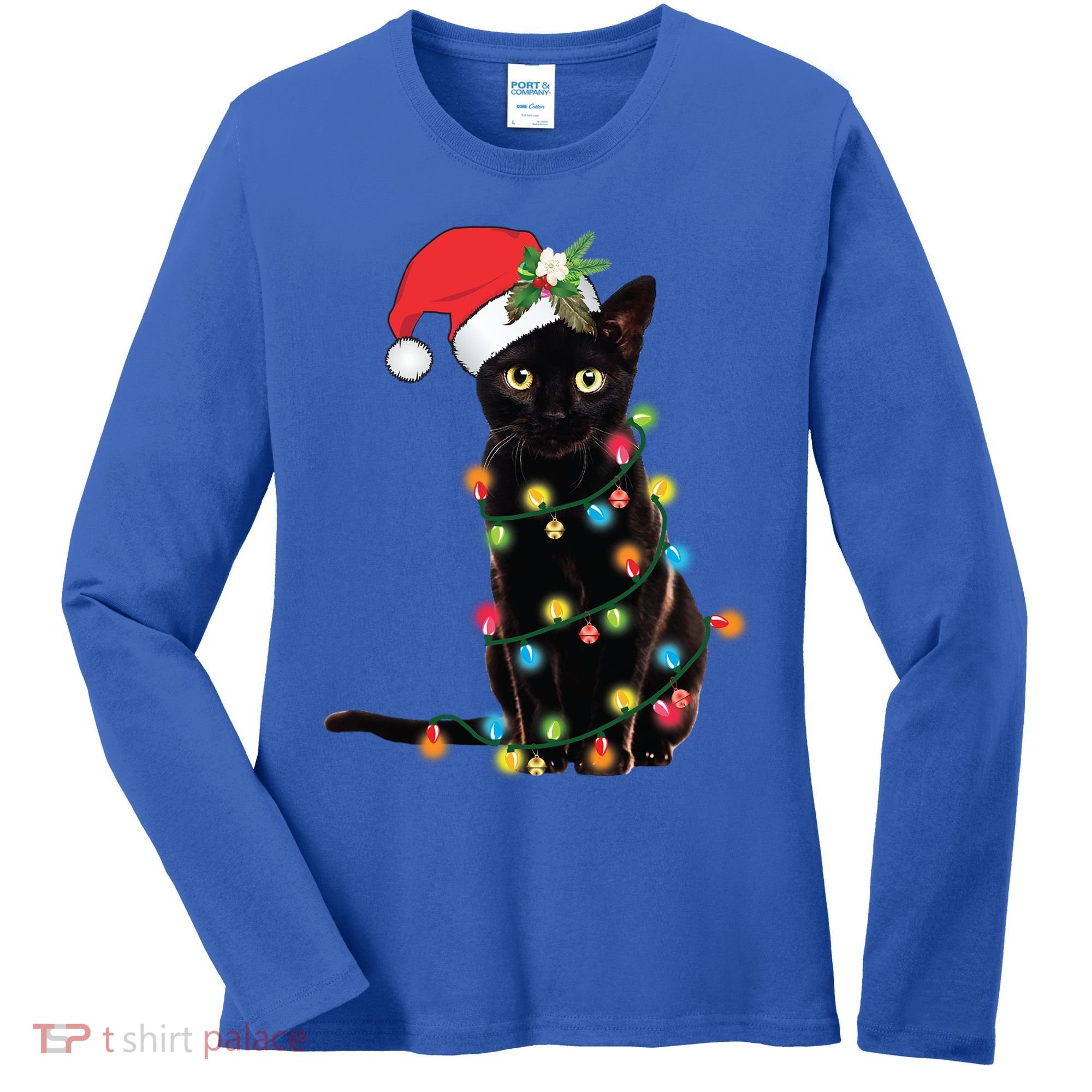 Santa Black Cat Tangled Up In Christmas Tree Lights Holiday Gift Women's Long Sleeve Shirt