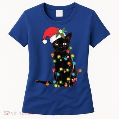 Santa Black Cat Tangled Up In Christmas Tree Lights Holiday Gift Women's T-Shirt