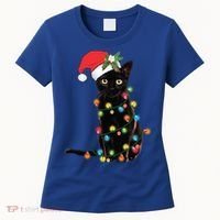 Santa Black Cat Tangled Up In Christmas Tree Lights Holiday Gift Women's T-Shirt thumb 0