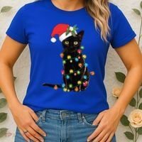 Santa Black Cat Tangled Up In Christmas Tree Lights Holiday Gift Women's T-Shirt thumb 2