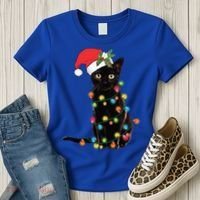 Santa Black Cat Tangled Up In Christmas Tree Lights Holiday Gift Women's T-Shirt thumb 3