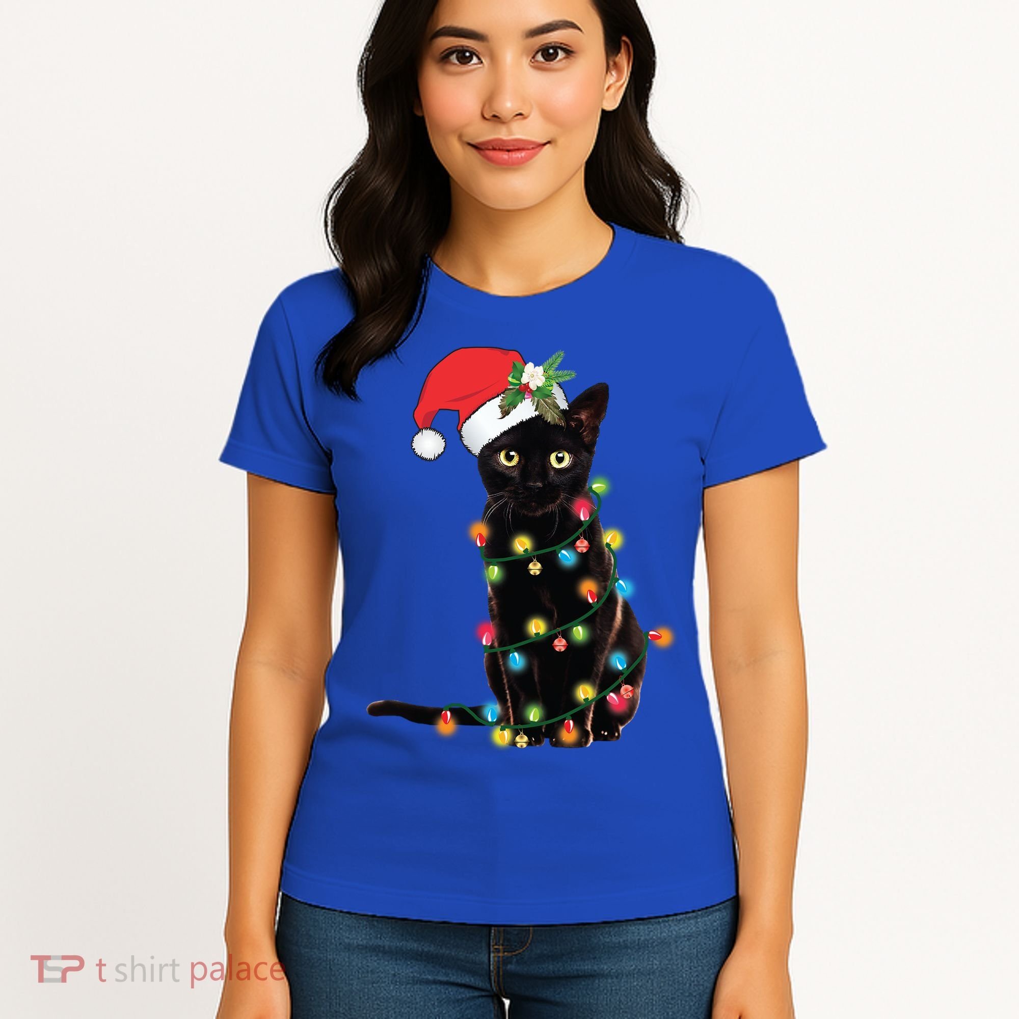 Santa Black Cat Tangled Up In Christmas Tree Lights Holiday Gift Women's T-Shirt