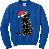 Santa Black Cat Tangled Up In Christmas Tree Lights Holiday Gift Kids Sweatshirt thumb 0