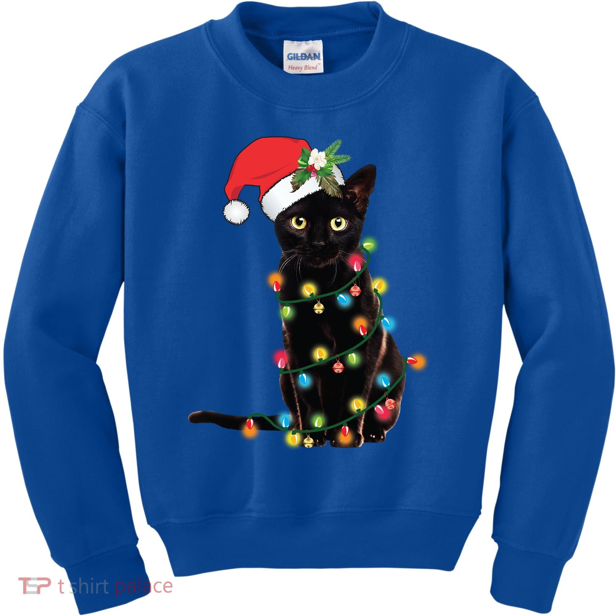 Santa Black Cat Tangled Up In Christmas Tree Lights Holiday Gift Kids Sweatshirt