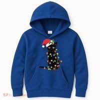 Santa Black Cat Tangled Up In Christmas Tree Lights Holiday Gift Kids Hoodie thumb 0