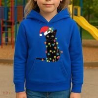 Santa Black Cat Tangled Up In Christmas Tree Lights Holiday Gift Kids Hoodie thumb 3