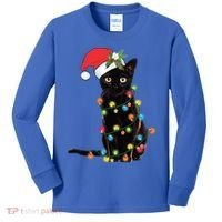 Santa Black Cat Tangled Up In Christmas Tree Lights Holiday Gift Kids Long Sleeve Shirt thumb 0
