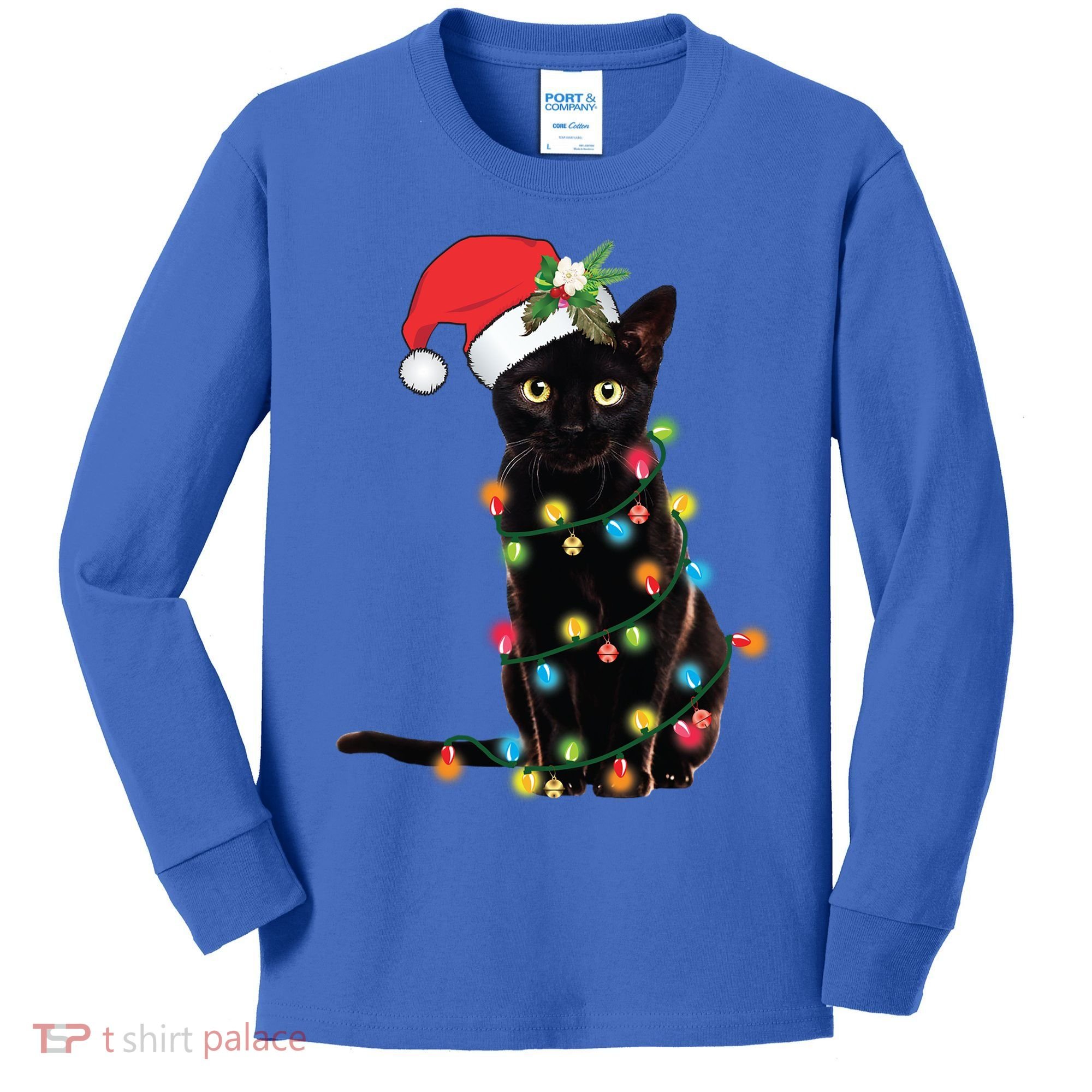 Santa Black Cat Tangled Up In Christmas Tree Lights Holiday Gift Kids Long Sleeve Shirt