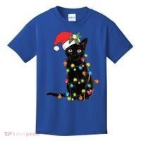 Santa Black Cat Tangled Up In Christmas Tree Lights Holiday Gift Kids T-Shirt thumb 0