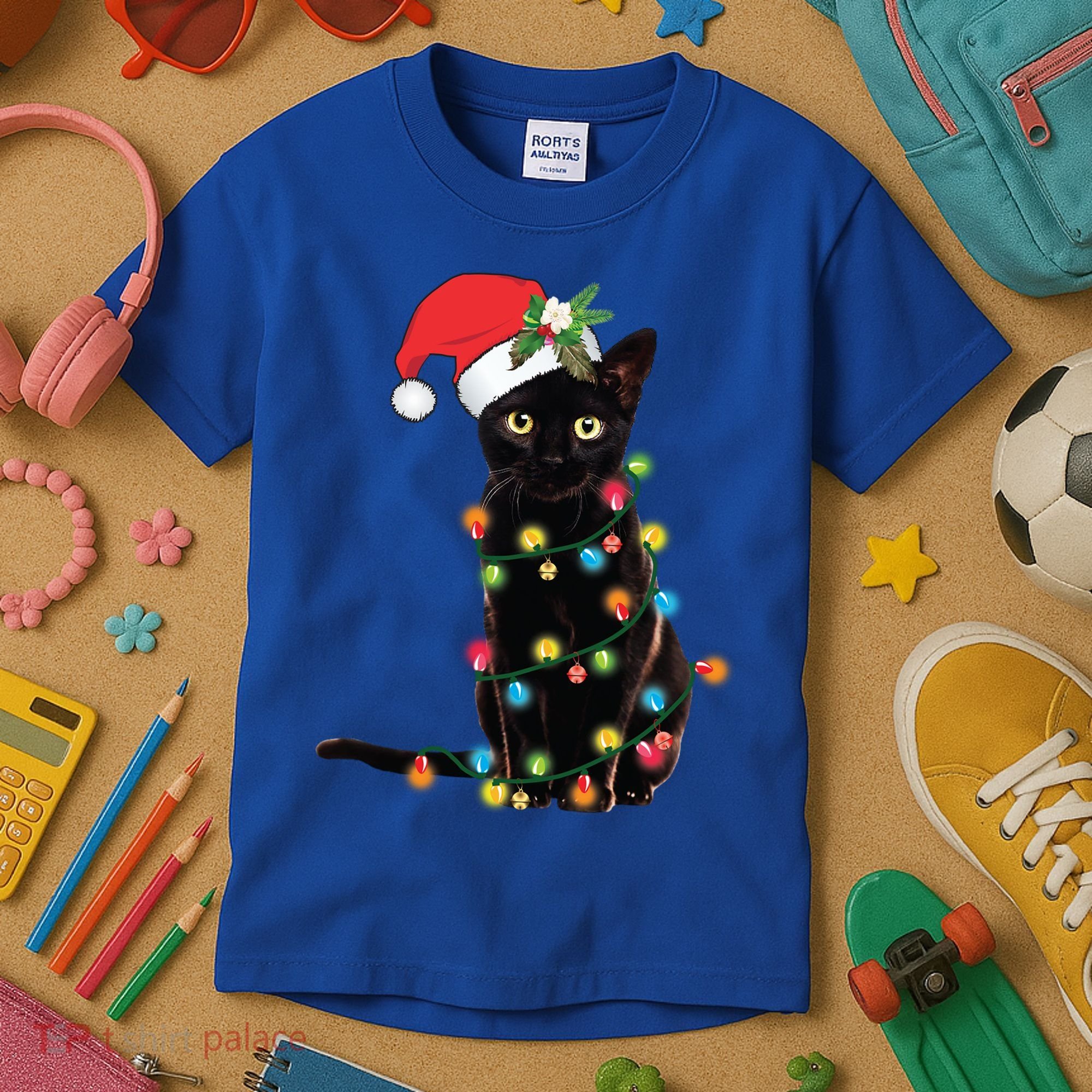 Santa Black Cat Tangled Up In Christmas Tree Lights Holiday Gift Kids T-Shirt
