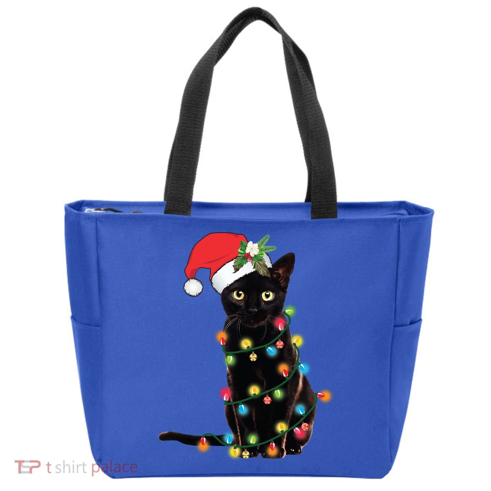 Santa Black Cat Tangled Up In Christmas Tree Lights Holiday Gift Tote Bag
