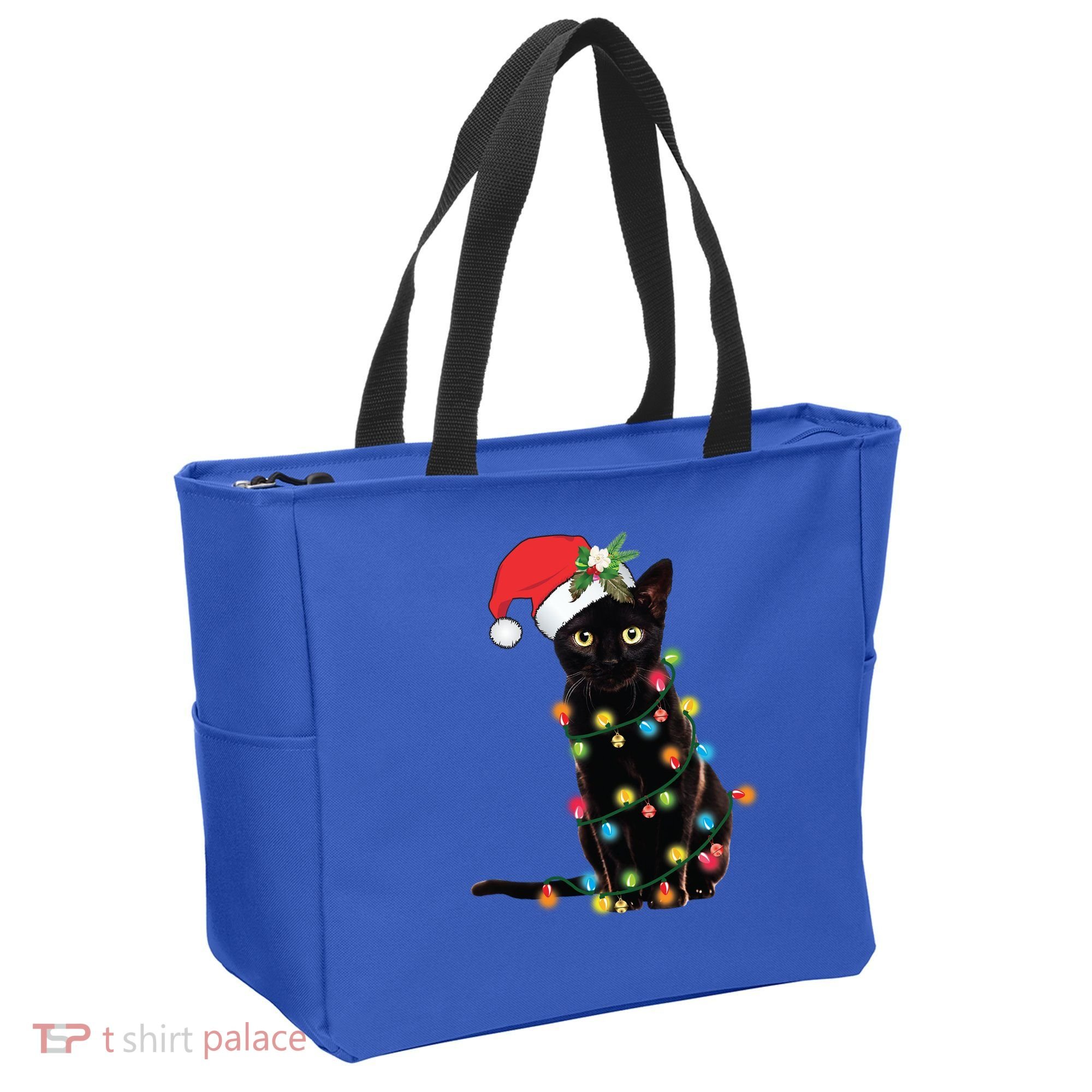 Santa Black Cat Tangled Up In Christmas Tree Lights Holiday Gift Tote Bag