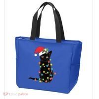Santa Black Cat Tangled Up In Christmas Tree Lights Holiday Gift Tote Bag thumb 3