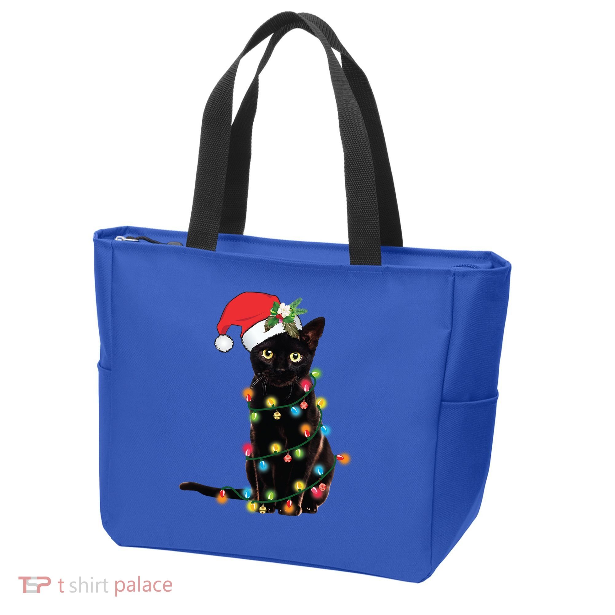 Santa Black Cat Tangled Up In Christmas Tree Lights Holiday Gift Tote Bag