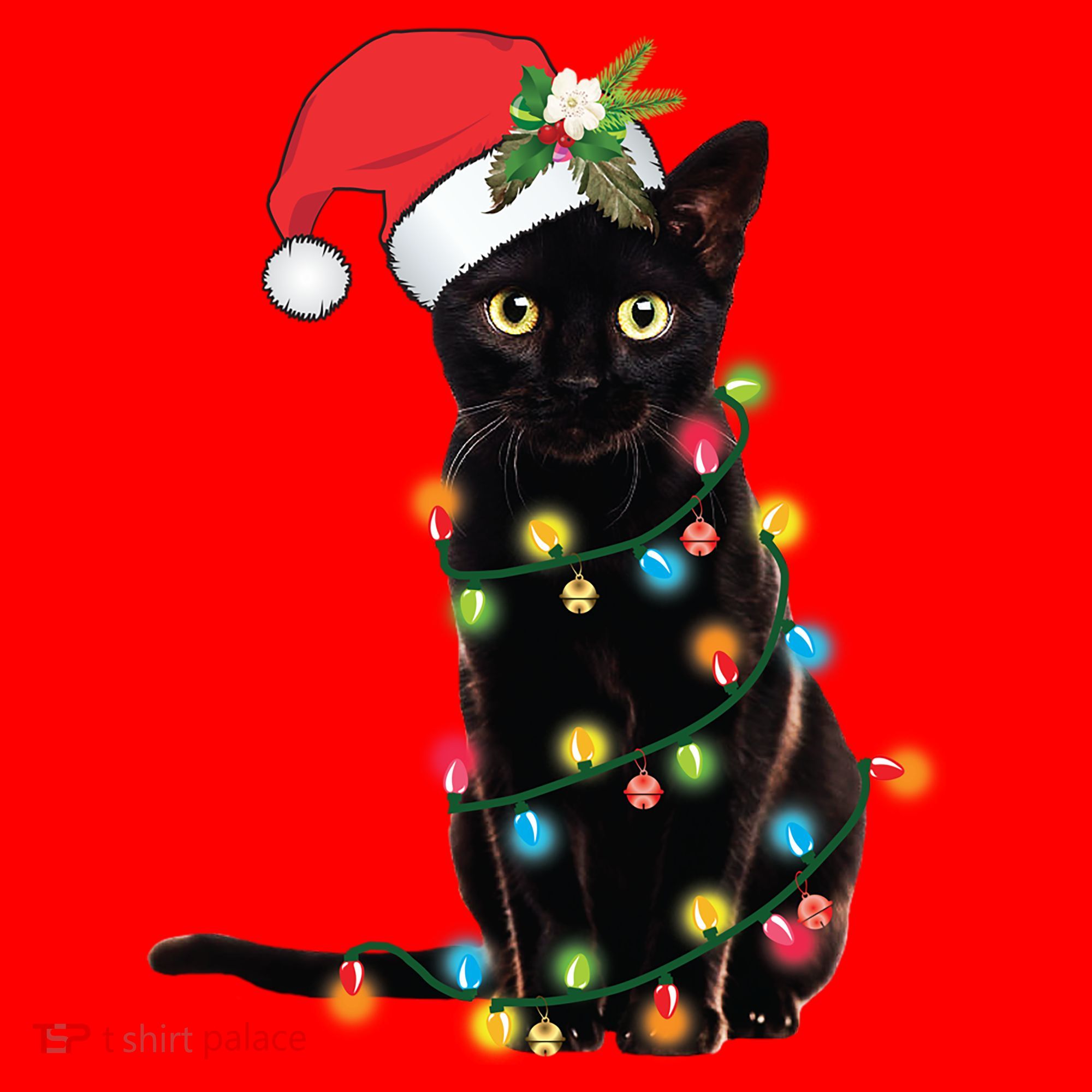 Santa Black Cat Tangled Up In Christmas Tree Lights Holiday Gift Santa Hat