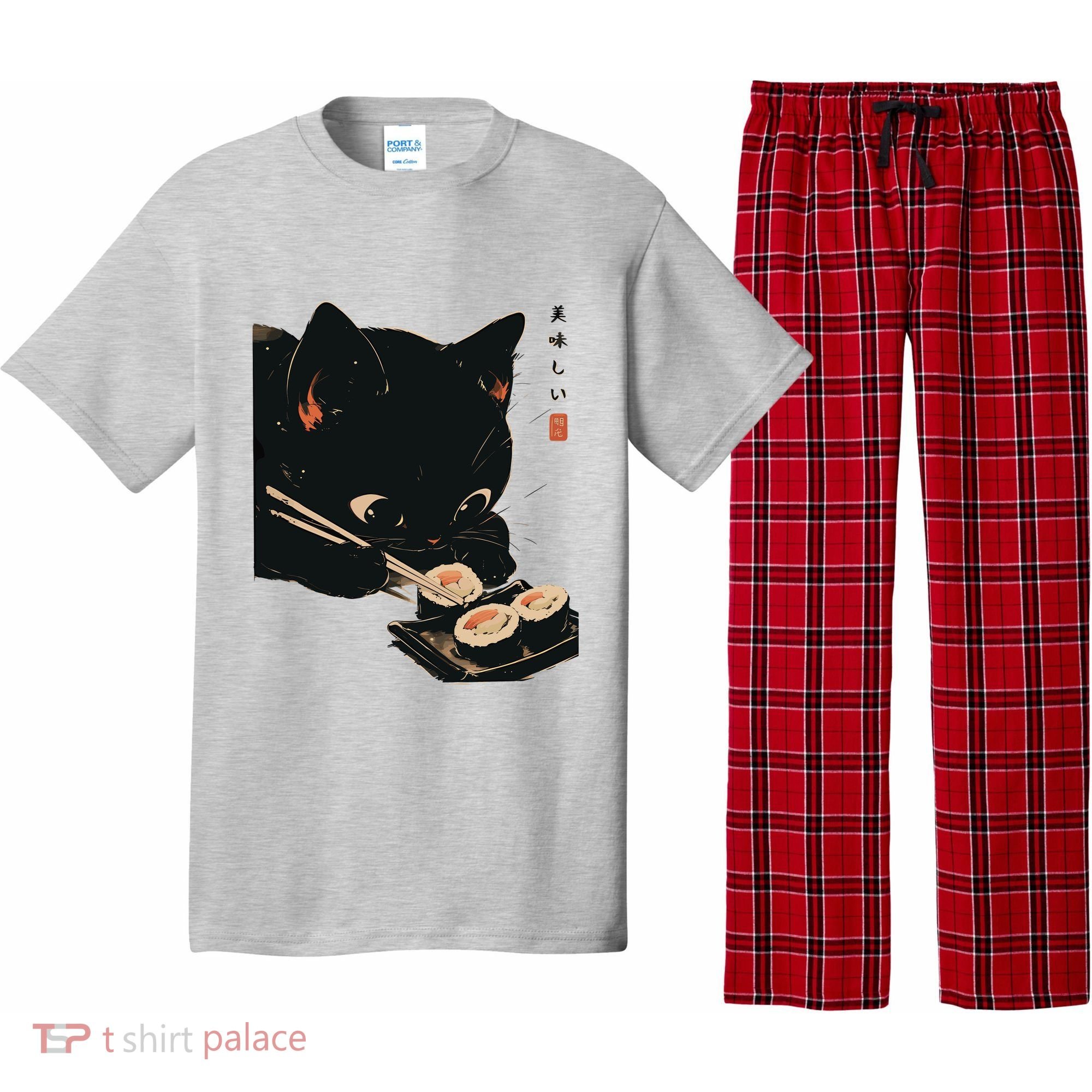 Sushi Black Cat LoverS Delight And Modern Minimalist Art Pajama Set