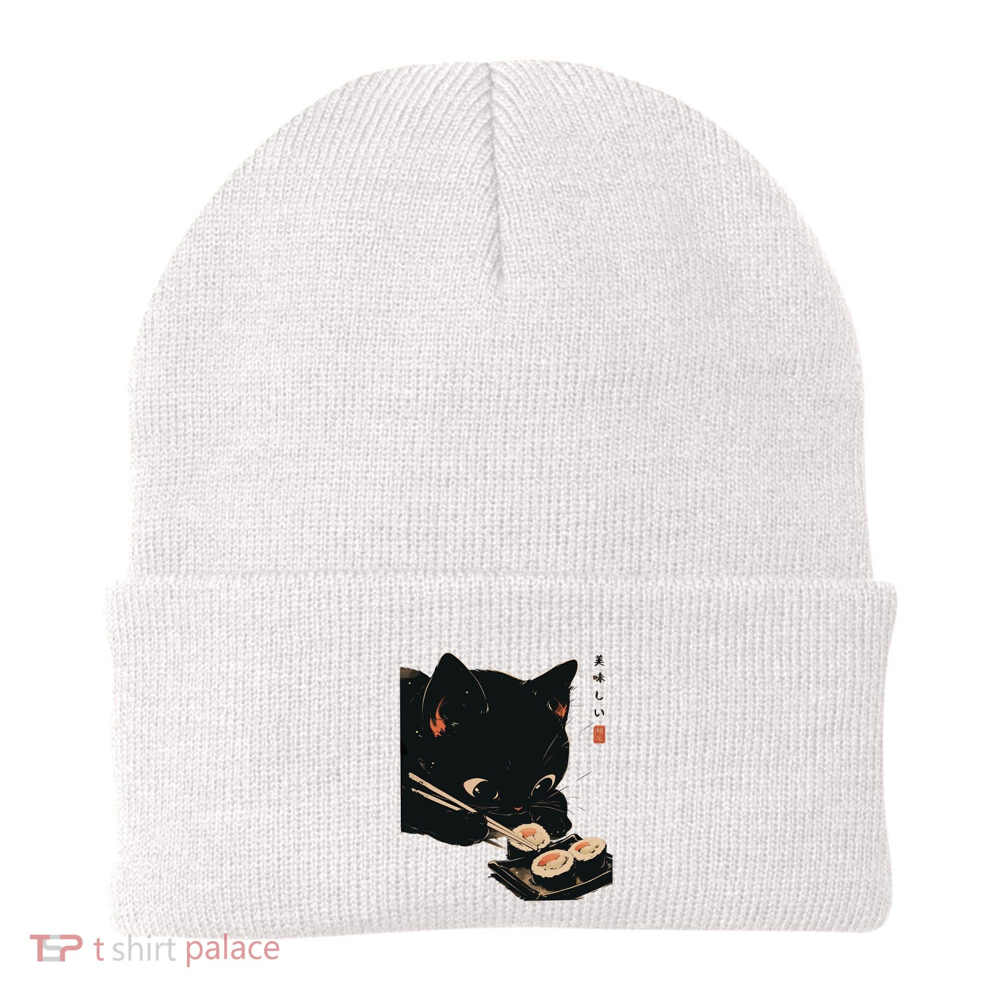 Sushi Black Cat LoverS Delight And Modern Minimalist Art Beanie