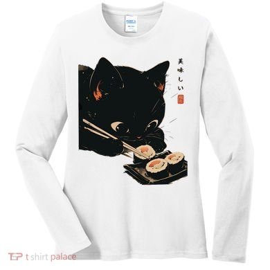 Sushi Black Cat LoverS Delight And Modern Minimalist Art Women's Long Sleeve Shirt