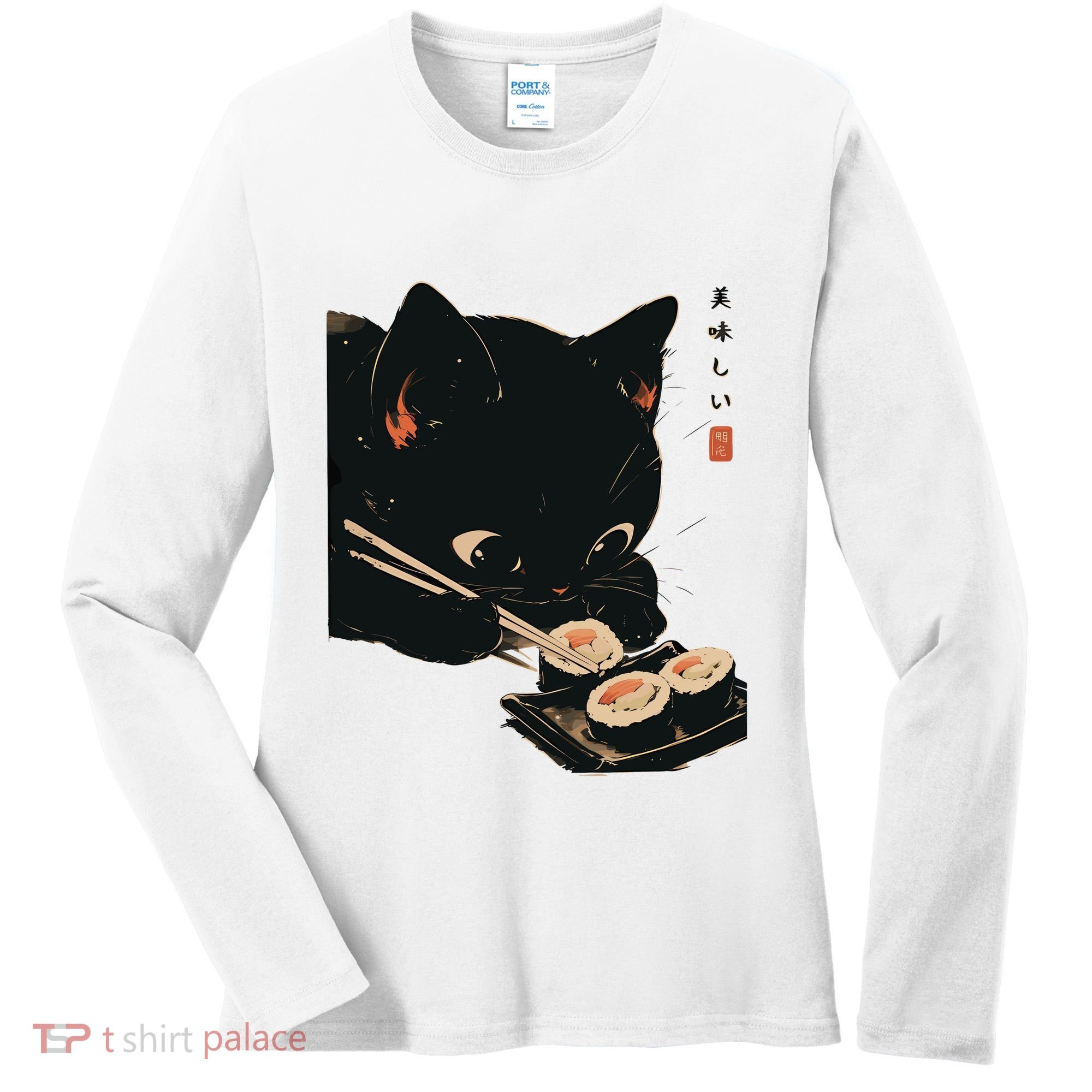 Sushi Black Cat LoverS Delight And Modern Minimalist Art Women's Long Sleeve Shirt