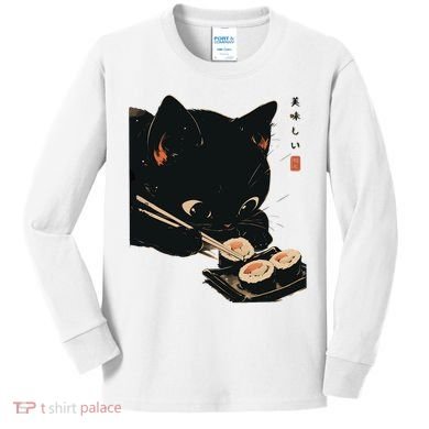 Sushi Black Cat LoverS Delight And Modern Minimalist Art Kids Long Sleeve Shirt