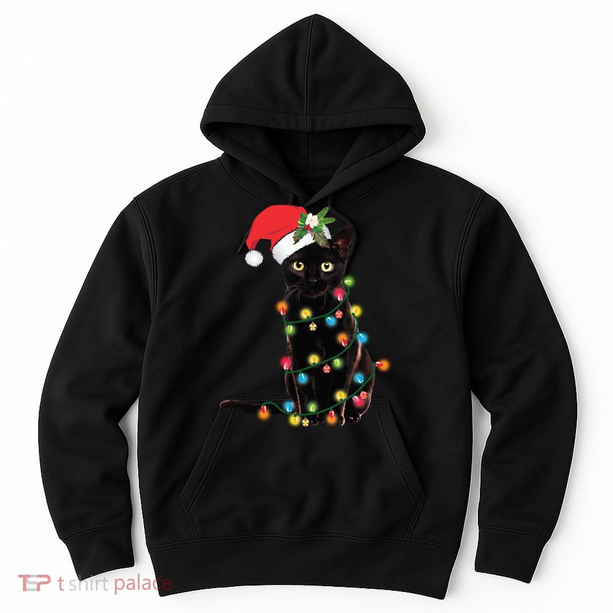 Santa Black Cat Tangled Up In Christmas Tree Lights Holiday Long Sleeve TShirt Hoodie