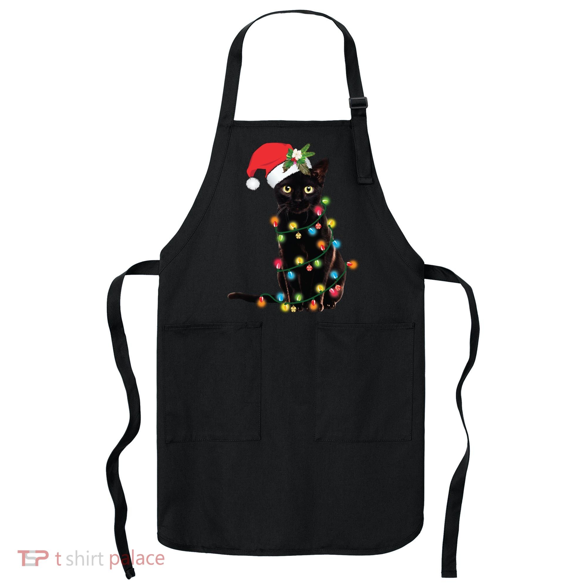 Santa Black Cat Tangled Up In Christmas Tree Lights Holiday Long Sleeve TShirt Apron