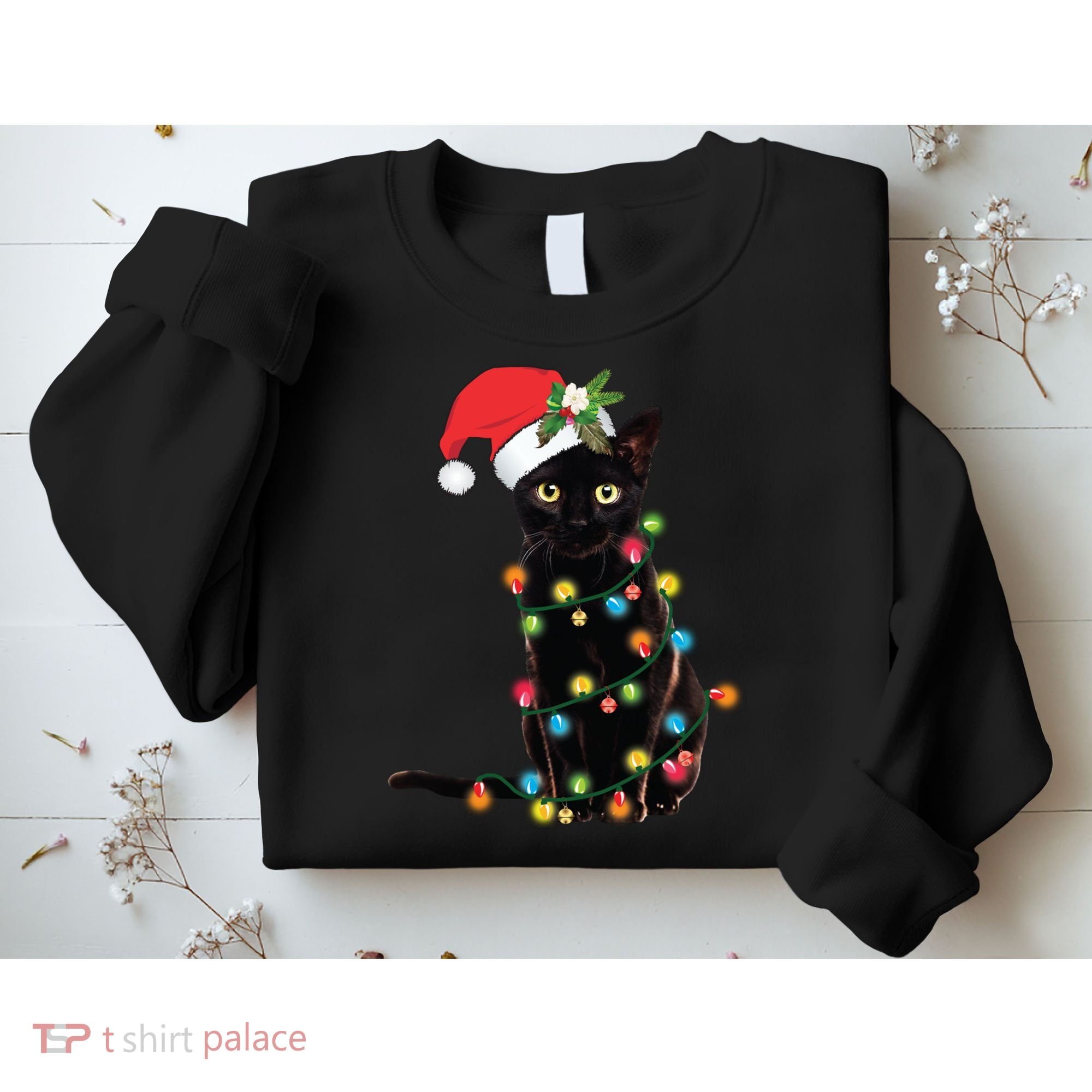 Santa Black Cat Tangled Up In Christmas Tree Lights Holiday Long Sleeve TShirt Sweatshirt