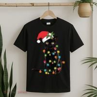 Santa Black Cat Tangled Up In Christmas Tree Lights Holiday Long Sleeve TShirt T-Shirt thumb 2
