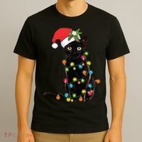 Santa Black Cat Tangled Up In Christmas Tree Lights Holiday Long Sleeve TShirt T-Shirt thumb 3
