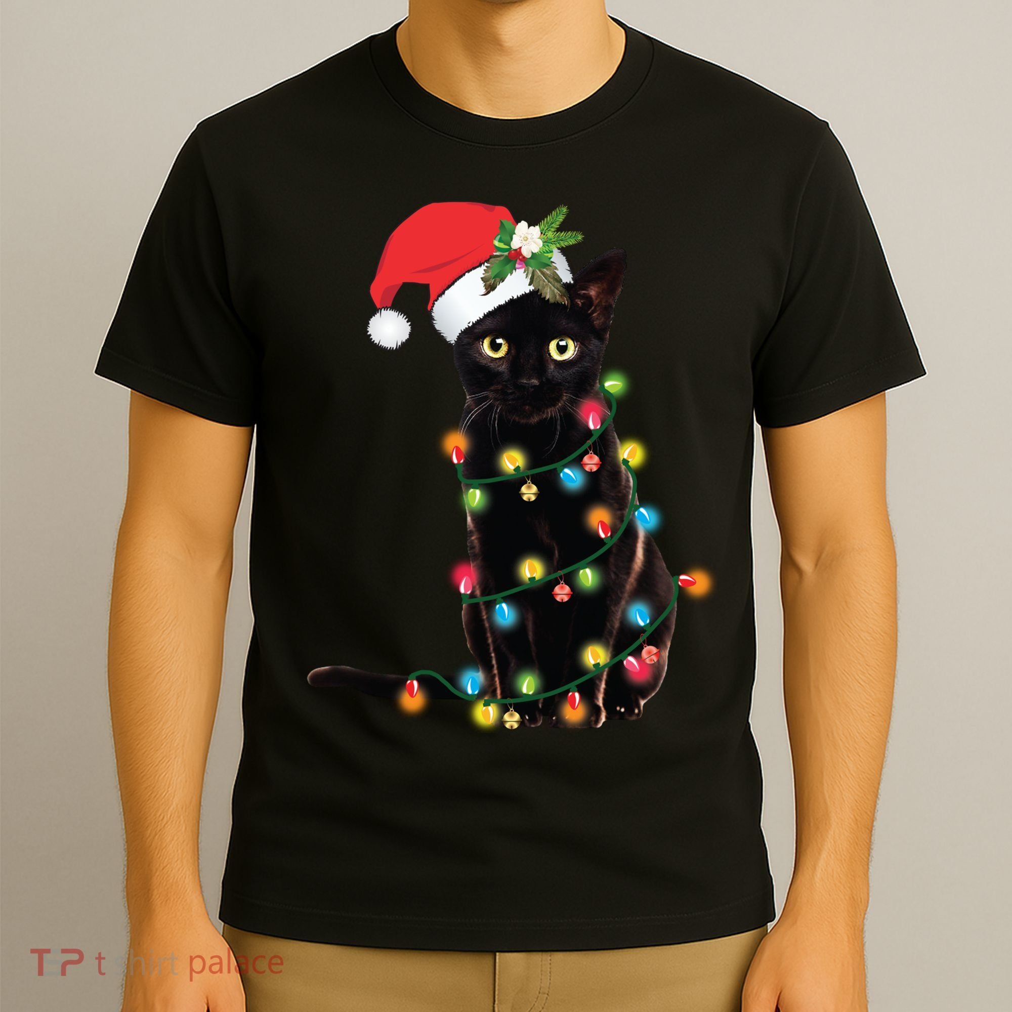 Santa Black Cat Tangled Up In Christmas Tree Lights Holiday Long Sleeve TShirt T-Shirt