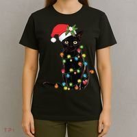Santa Black Cat Tangled Up In Christmas Tree Lights Holiday Long Sleeve TShirt T-Shirt thumb 4