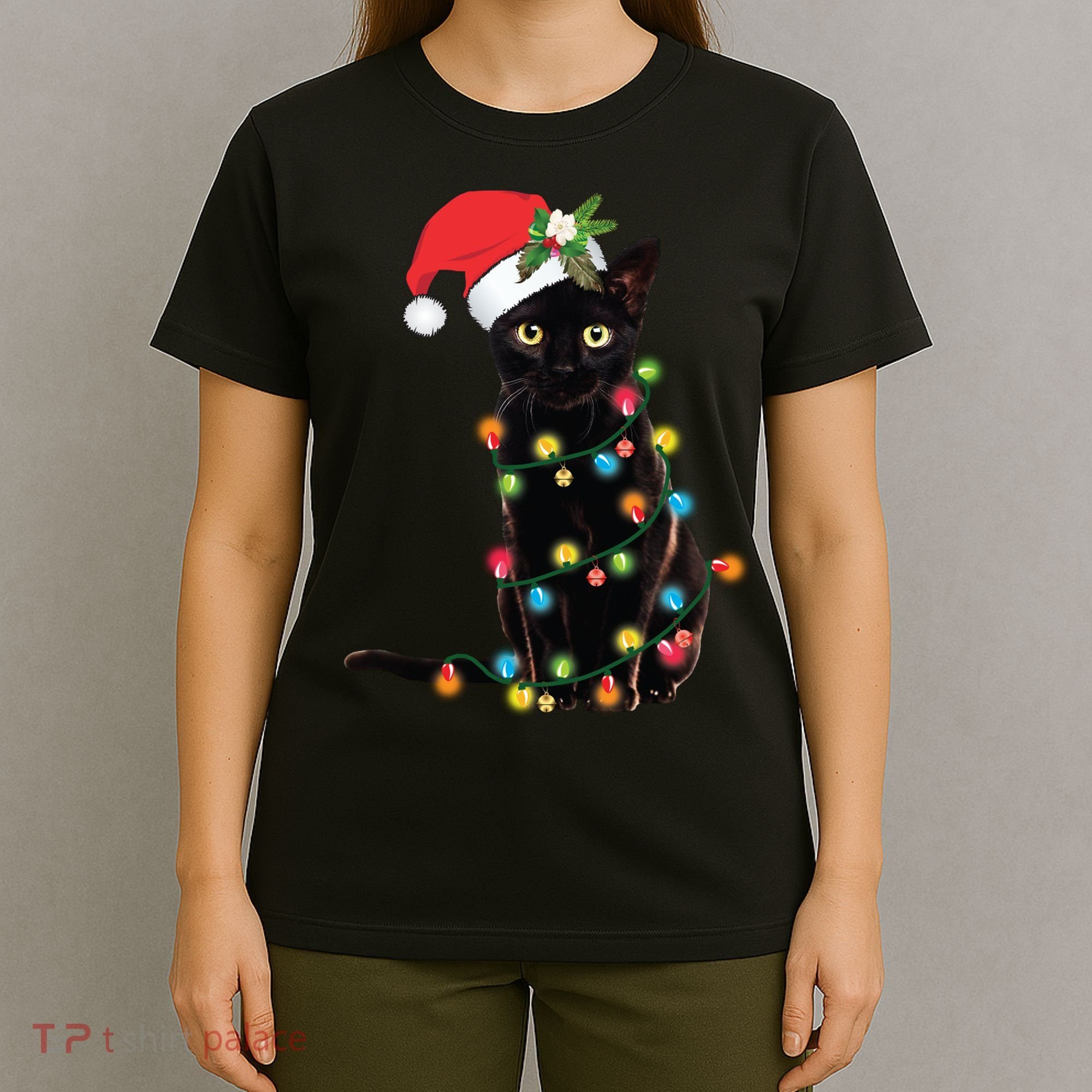 Santa Black Cat Tangled Up In Christmas Tree Lights Holiday Long Sleeve TShirt T-Shirt