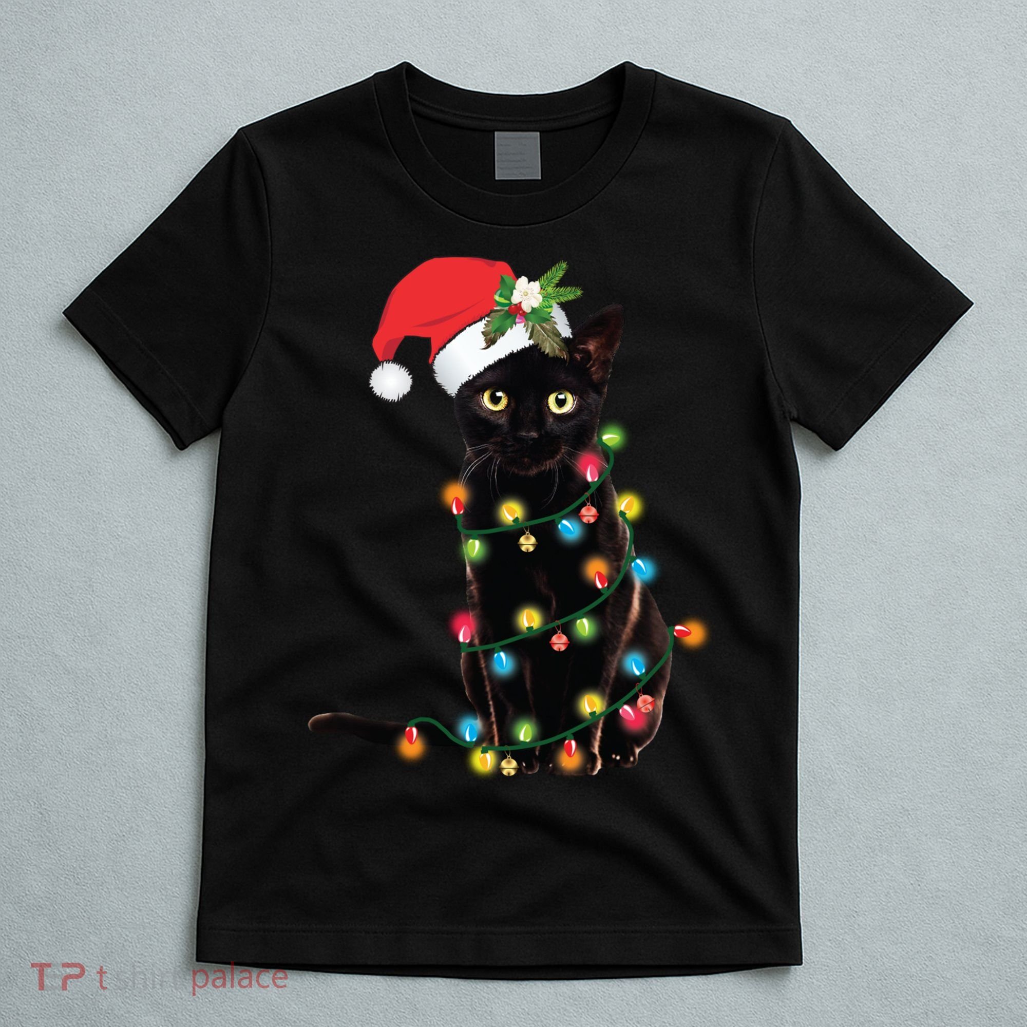 Santa Black Cat Tangled Up In Christmas Tree Lights Holiday Long Sleeve TShirt T-Shirt