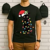 Santa Black Cat Tangled Up In Christmas Tree Lights Holiday Long Sleeve TShirt T-Shirt thumb 6