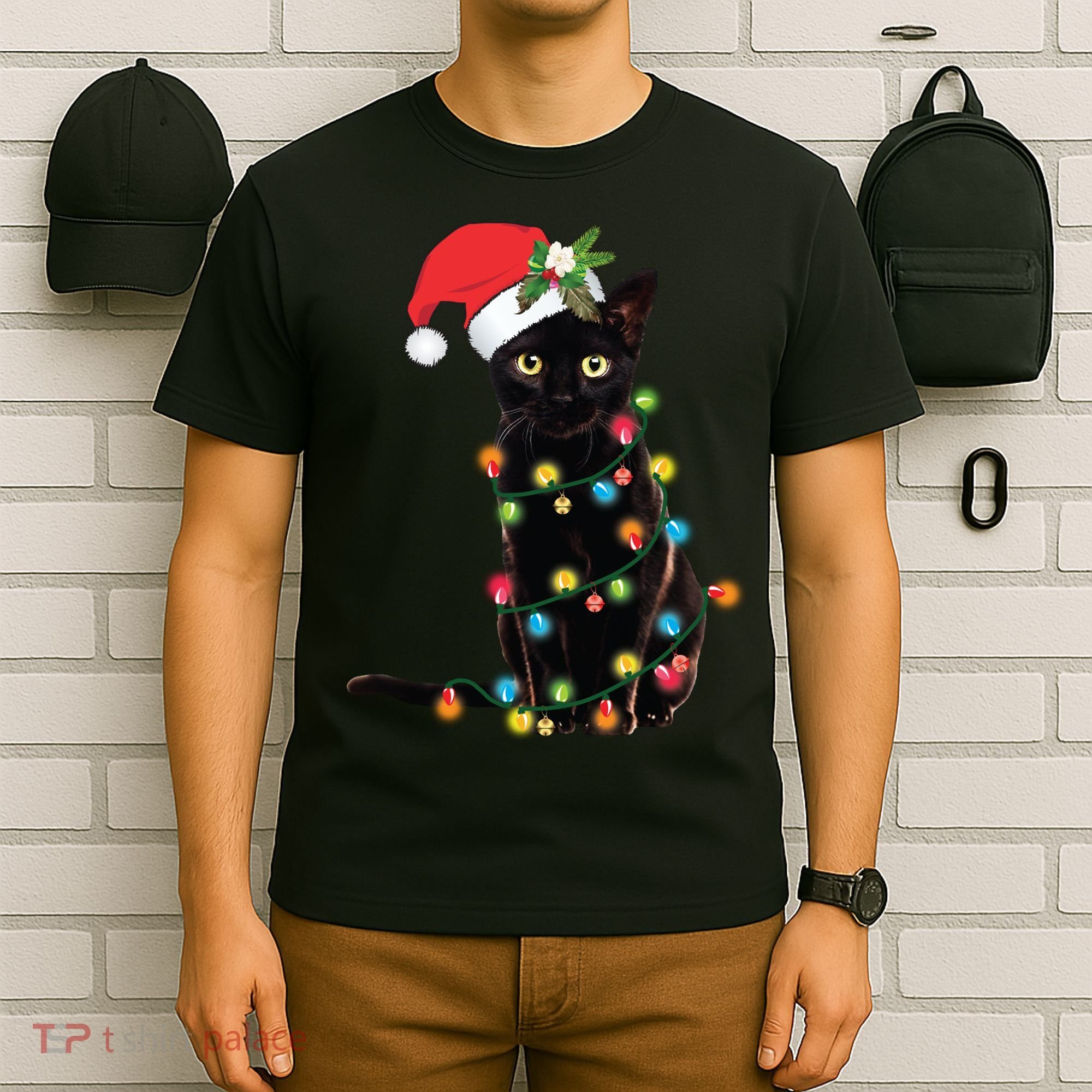 Santa Black Cat Tangled Up In Christmas Tree Lights Holiday Long Sleeve TShirt T-Shirt