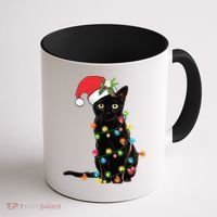 Santa Black Cat Tangled Up In Christmas Tree Lights Holiday Long Sleeve TShirt Coffee Mug thumb 1
