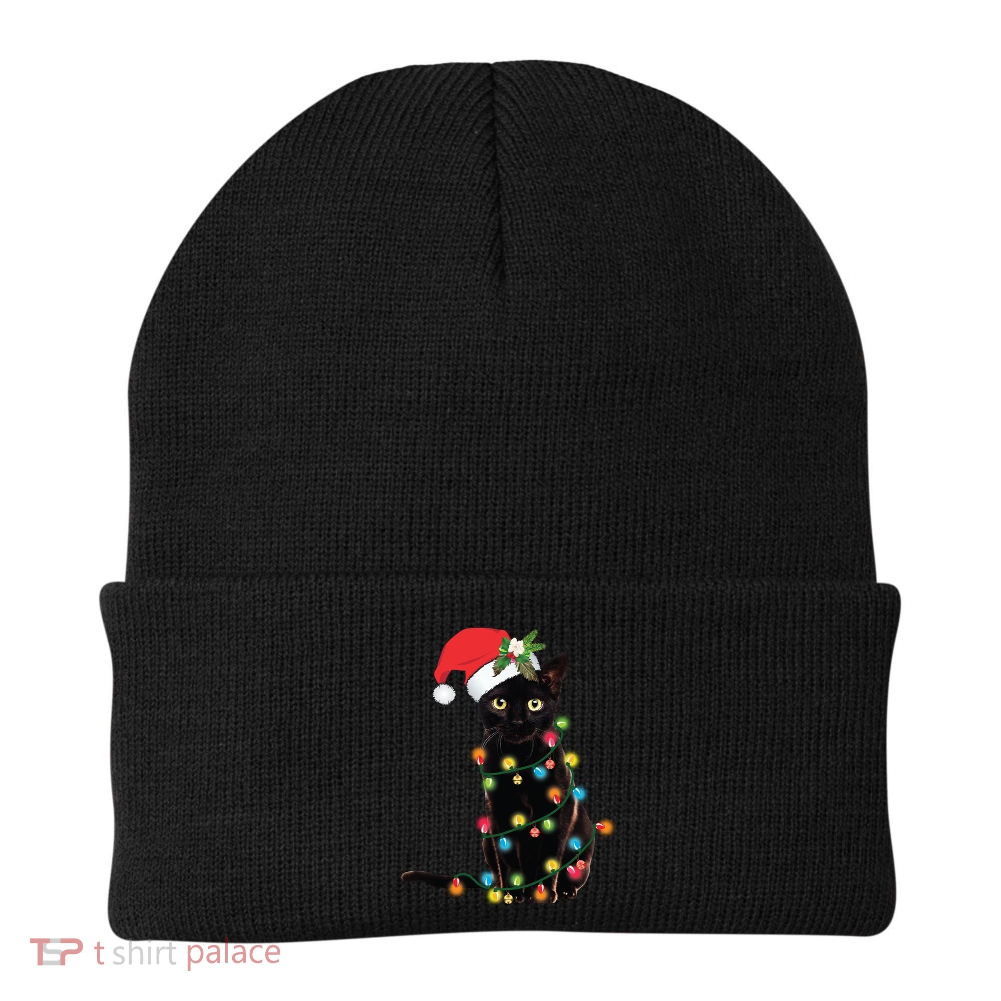 Santa Black Cat Tangled Up In Christmas Tree Lights Holiday Long Sleeve TShirt Beanie