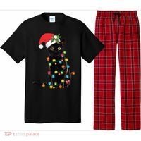 Santa Black Cat Tangled Up In Christmas Tree Lights Holiday Long Sleeve TShirt Pajama Set thumb 0